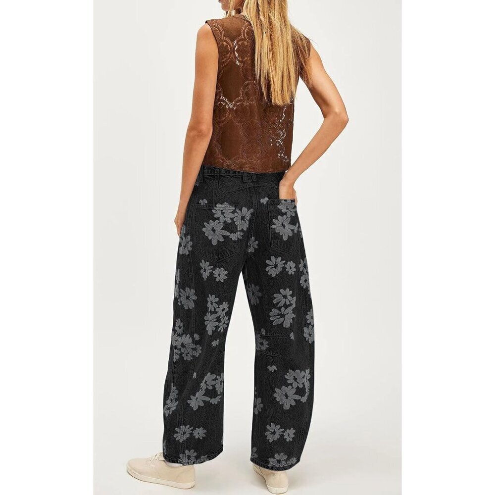 Women's Baggy Wide Leg Denim Pants Floral Prints High Rise Casual jeans - Picture 6 of 7